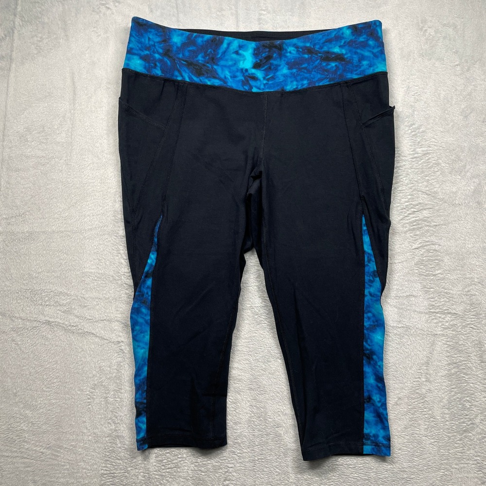 Livi Active Leggings Women 18/20 Black Blue Tie Dye Capri Pockets High Rise